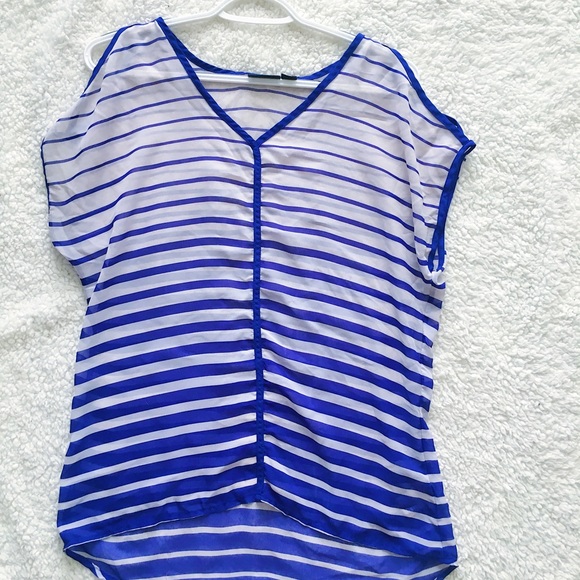 Blue striped short sleeve open shoulder top - Picture 1 of 3